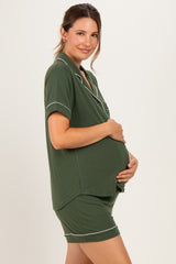 Army Green Short Sleeve Button Down Shirt Shorts Maternity Set