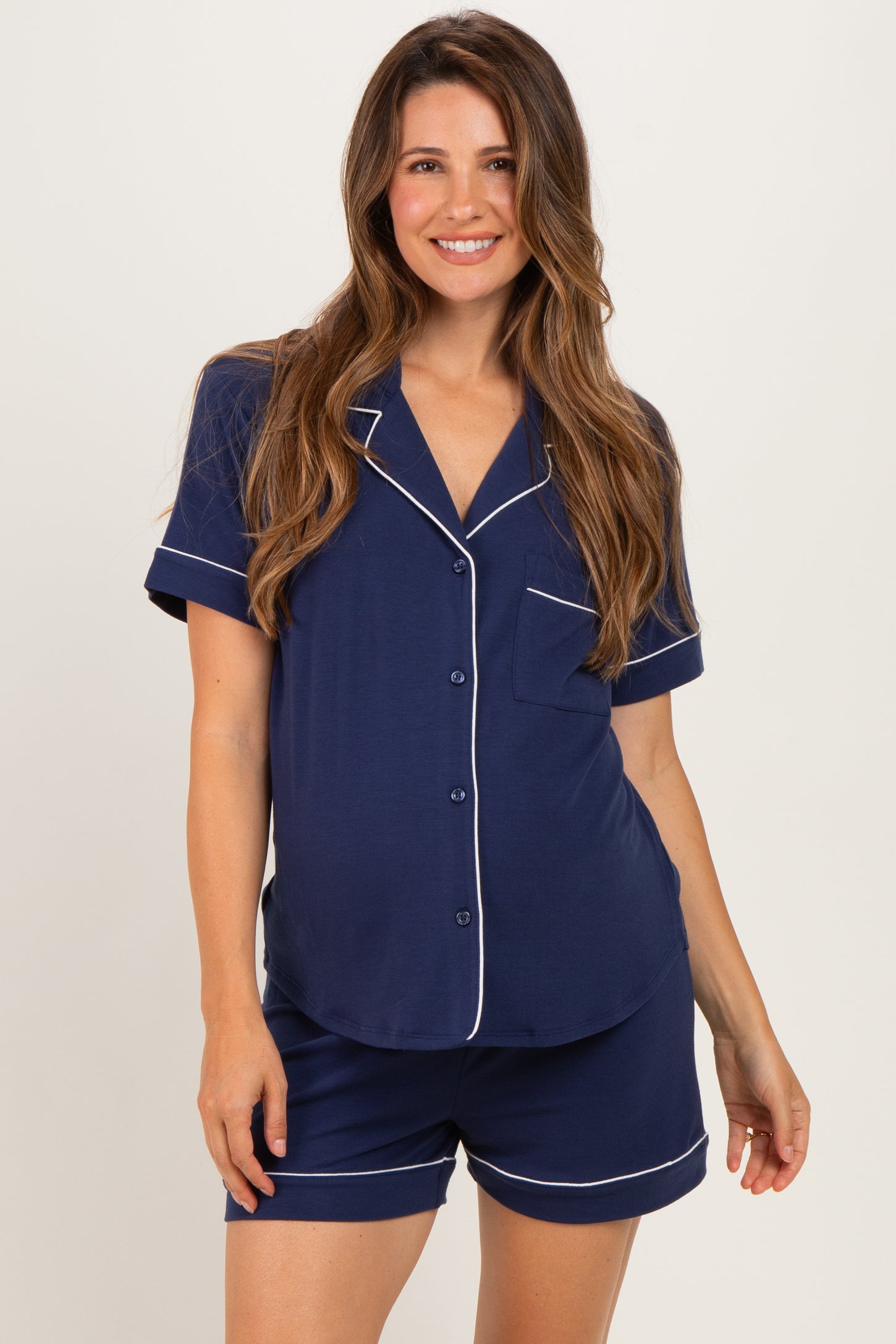 Navy Short Sleeve Button Down Shirt Shorts Maternity Set
