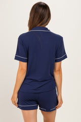 Navy Short Sleeve Button Down Shirt Shorts Maternity Set