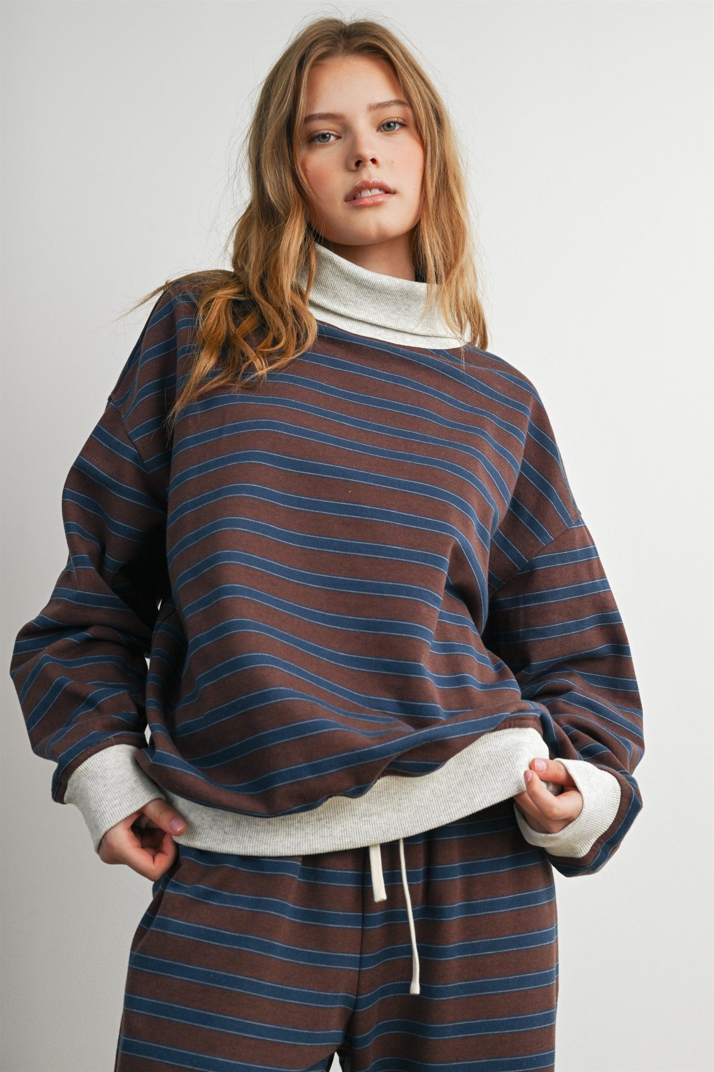 Brown Multi Striped Turtleneck Sweatshirt
