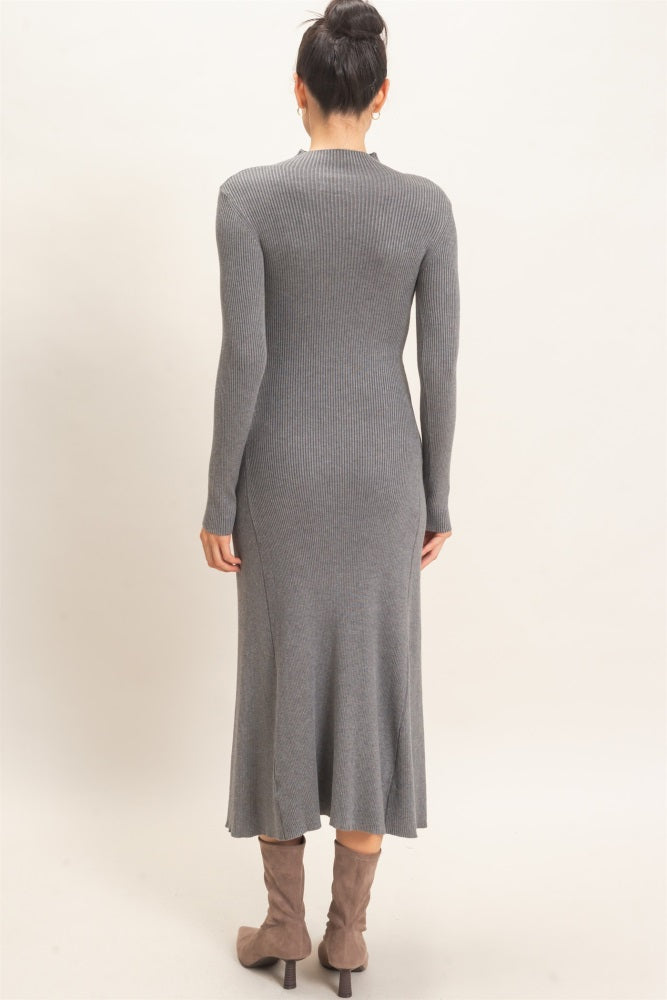 Heather Grey Ribbed Mock Neck Long Sleeve Midi Dress