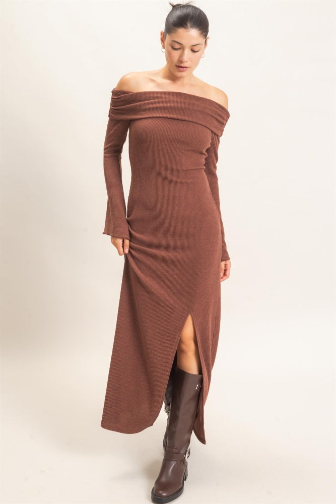 Brown Off-Shoulder Long Sleeve Maxi Dress
