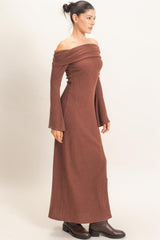 Brown Off-Shoulder Long Sleeve Maxi Dress