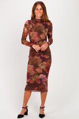 Brown Floral Print Mesh Maternity Midi Dress