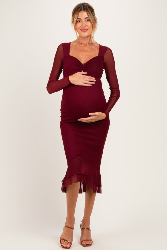 Burgundy Ruched Ruffle Hem Maternity Midi Dress