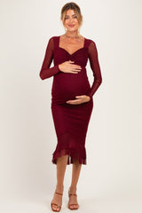 Burgundy Ruched Ruffle Hem Maternity Midi Dress
