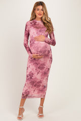 Light Pink Floral Mesh Long Sleeve Maternity Midi Dress
