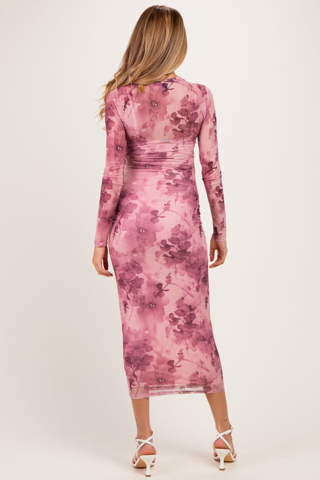 Light Pink Floral Mesh Long Sleeve Maternity Midi Dress