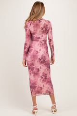 Light Pink Floral Mesh Long Sleeve Maternity Midi Dress