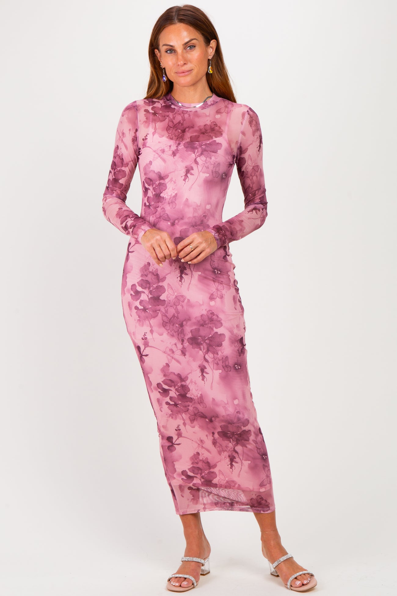 Light Pink Floral Mesh Long Sleeve Midi Dress