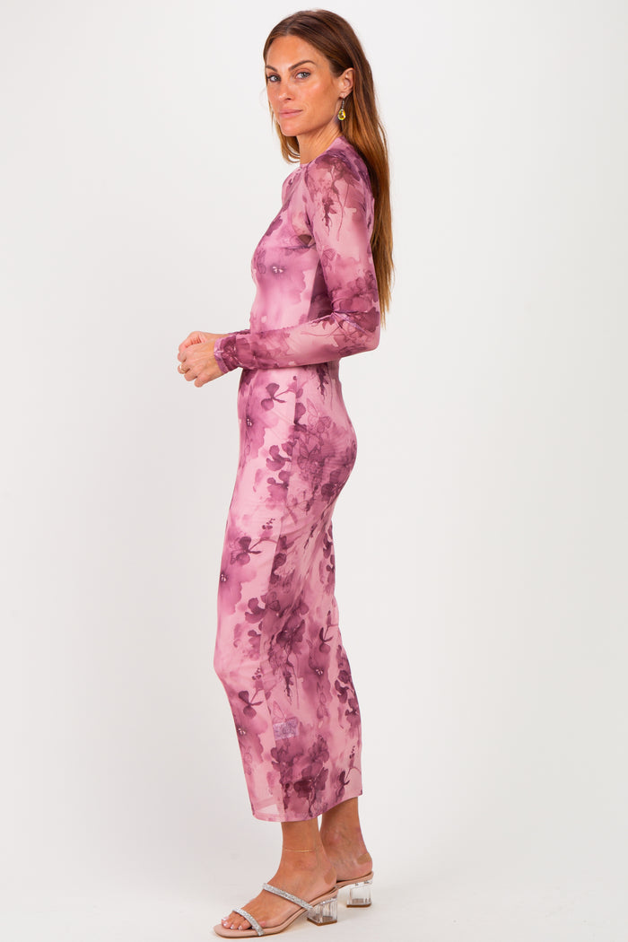 Light Pink Floral Mesh Long Sleeve Midi Dress