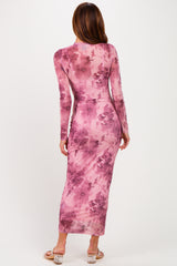 Light Pink Floral Mesh Long Sleeve Midi Dress
