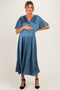 Dark Blue V-Neck Satin Pleated Maternity Midi Dress