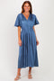 Dark Blue V-Neck Satin Pleated Midi Dress
