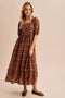 Mocha Plaid Square Neck Maxi Dress