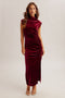 Burgundy Cowl Neck Ruched Velvet Maxi Dress
