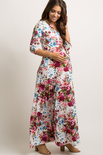 Ivory Floral Draped 3/4 Sleeve Maternity Maxi Dress