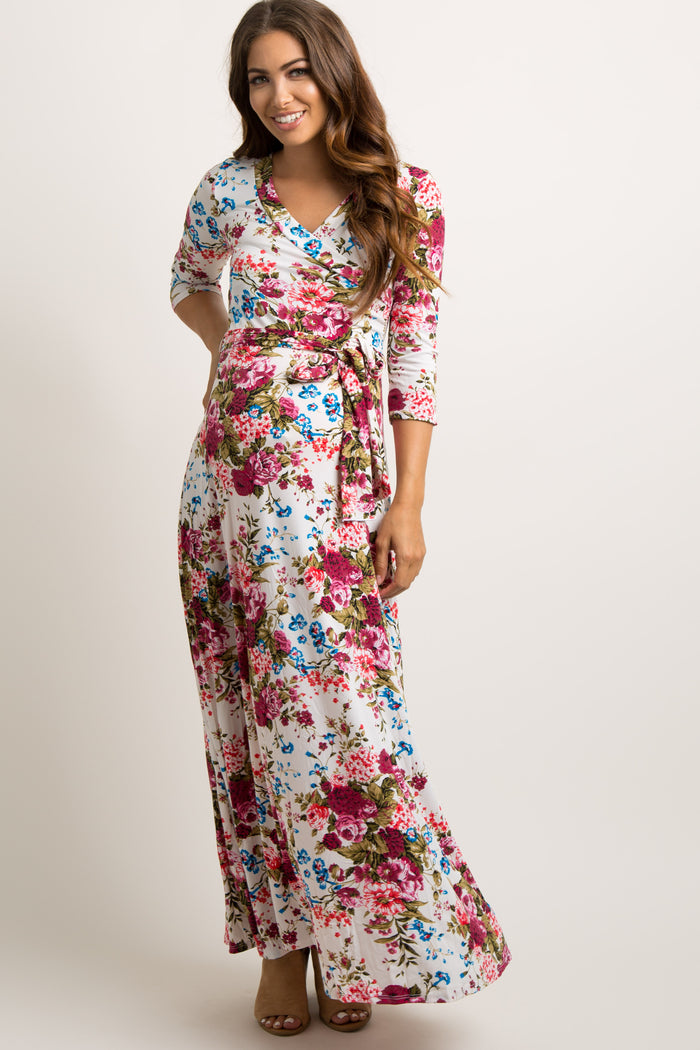 Ivory Floral Draped 3/4 Sleeve Maternity Maxi Dress