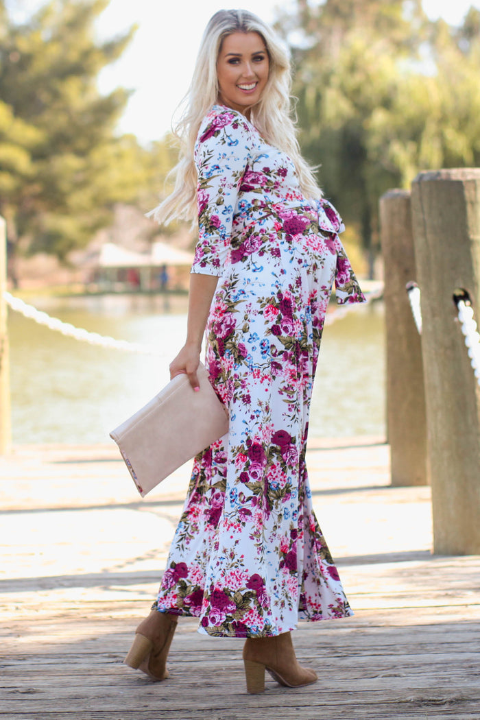 Ivory Floral Draped 3/4 Sleeve Maternity Maxi Dress