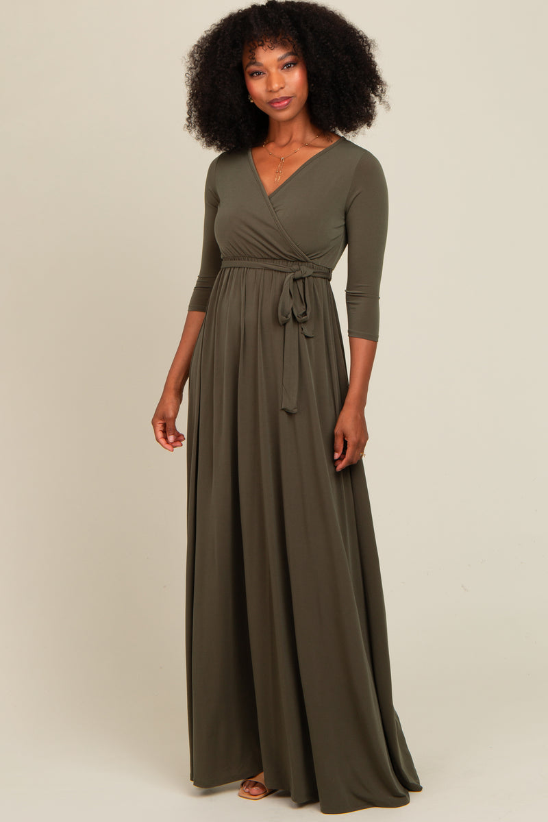 green long sleeve maxi dress Petal and Pup Women's Sullivan Puff The Sage Green Criss Cross Satin Long Sleeve Maxi Dress features a round neckline PinkBlush Olive Green Draped 3
