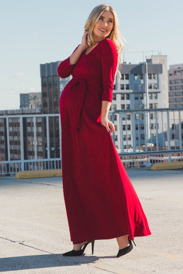 PinkBlush Burgundy Draped 3/4 Sleeve Maternity Maxi Dress