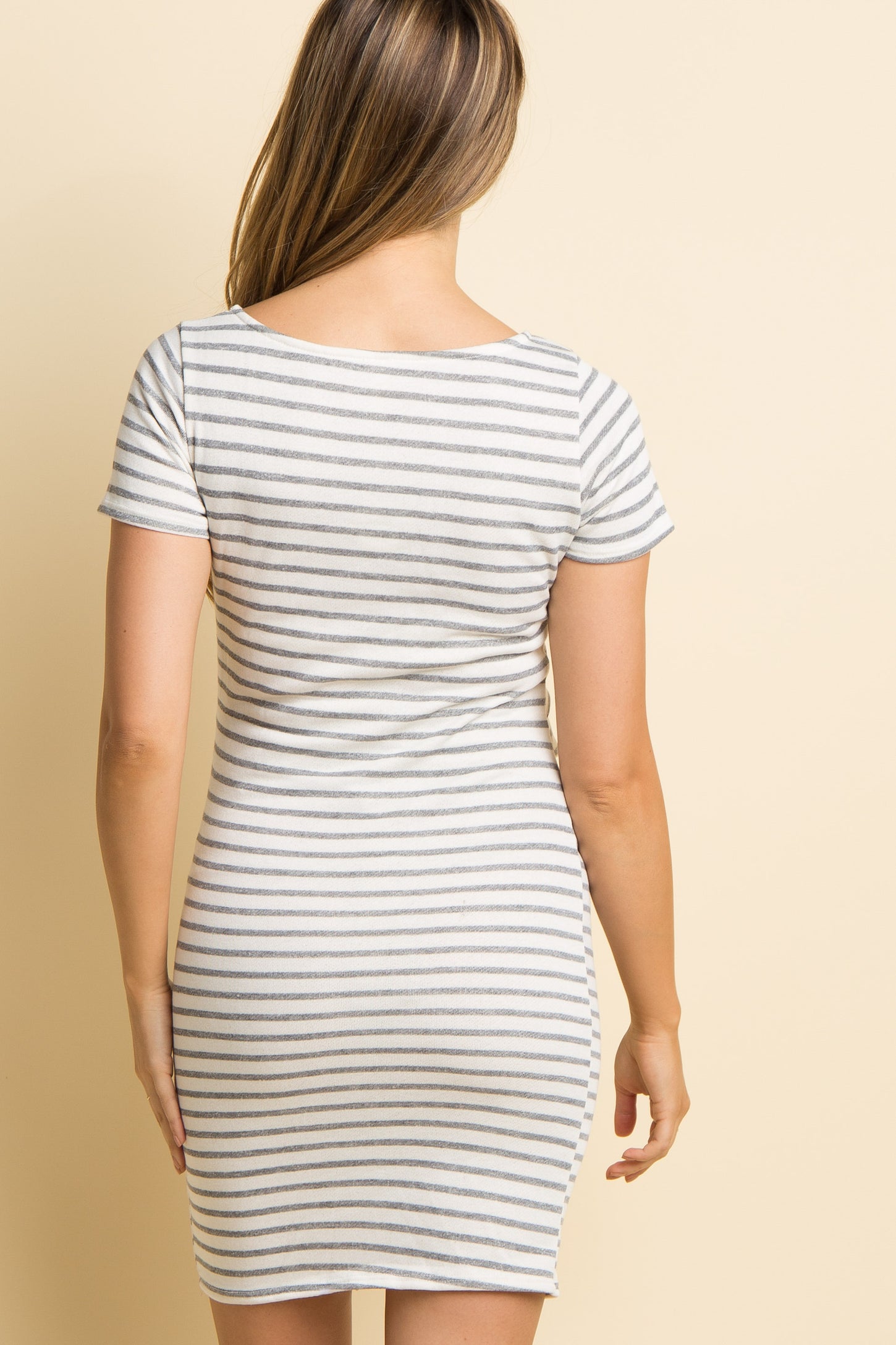 PinkBlush Ivory Grey Striped Fitted Short Sleeve Maternity Dress PinkBlush Ivory Grey Striped Fitted Short Sleeve Maternity Dress