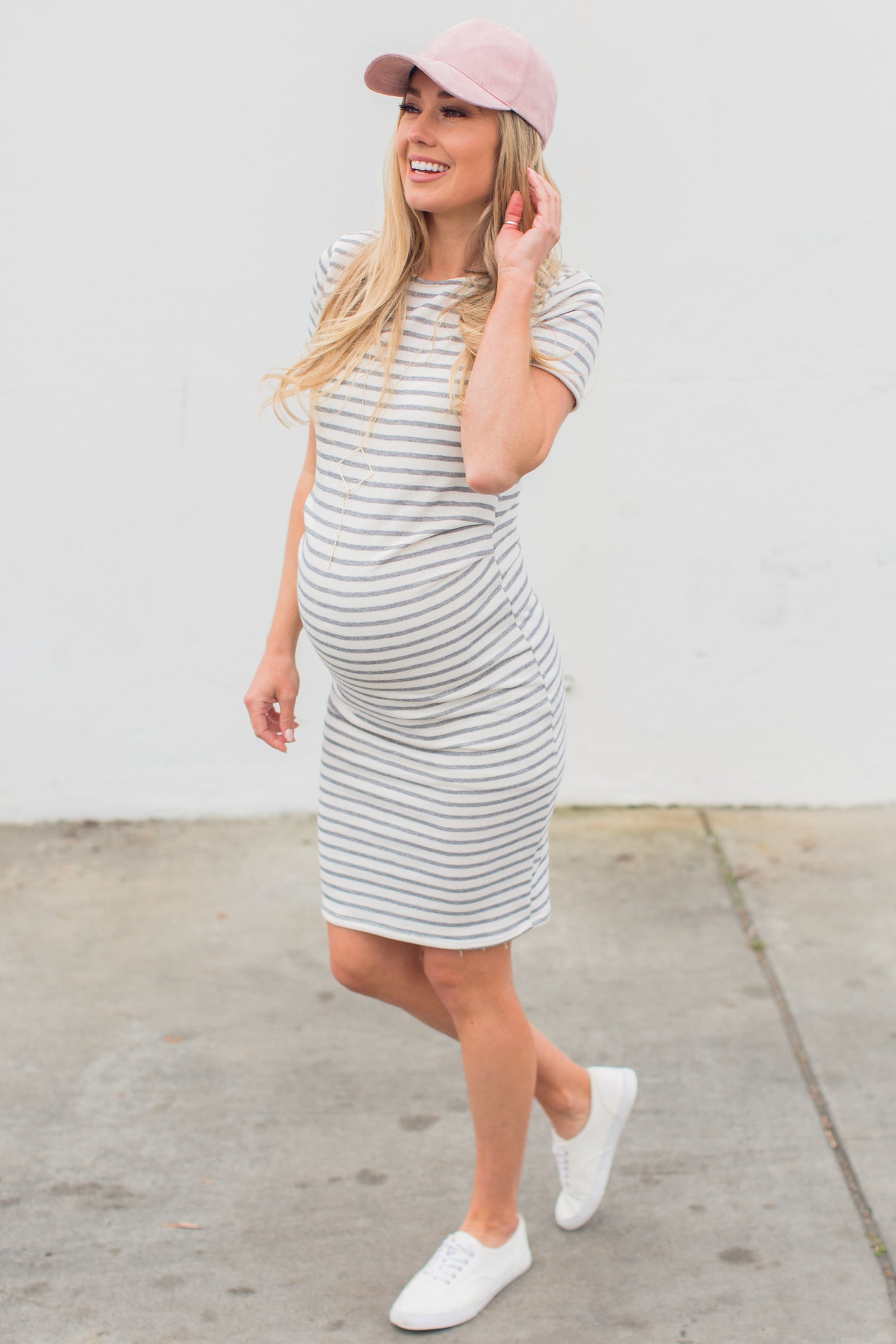 PinkBlush Ivory Grey Striped Fitted Short Sleeve Maternity Dress PinkBlush Ivory Grey Striped Fitted Short Sleeve Maternity Dress
