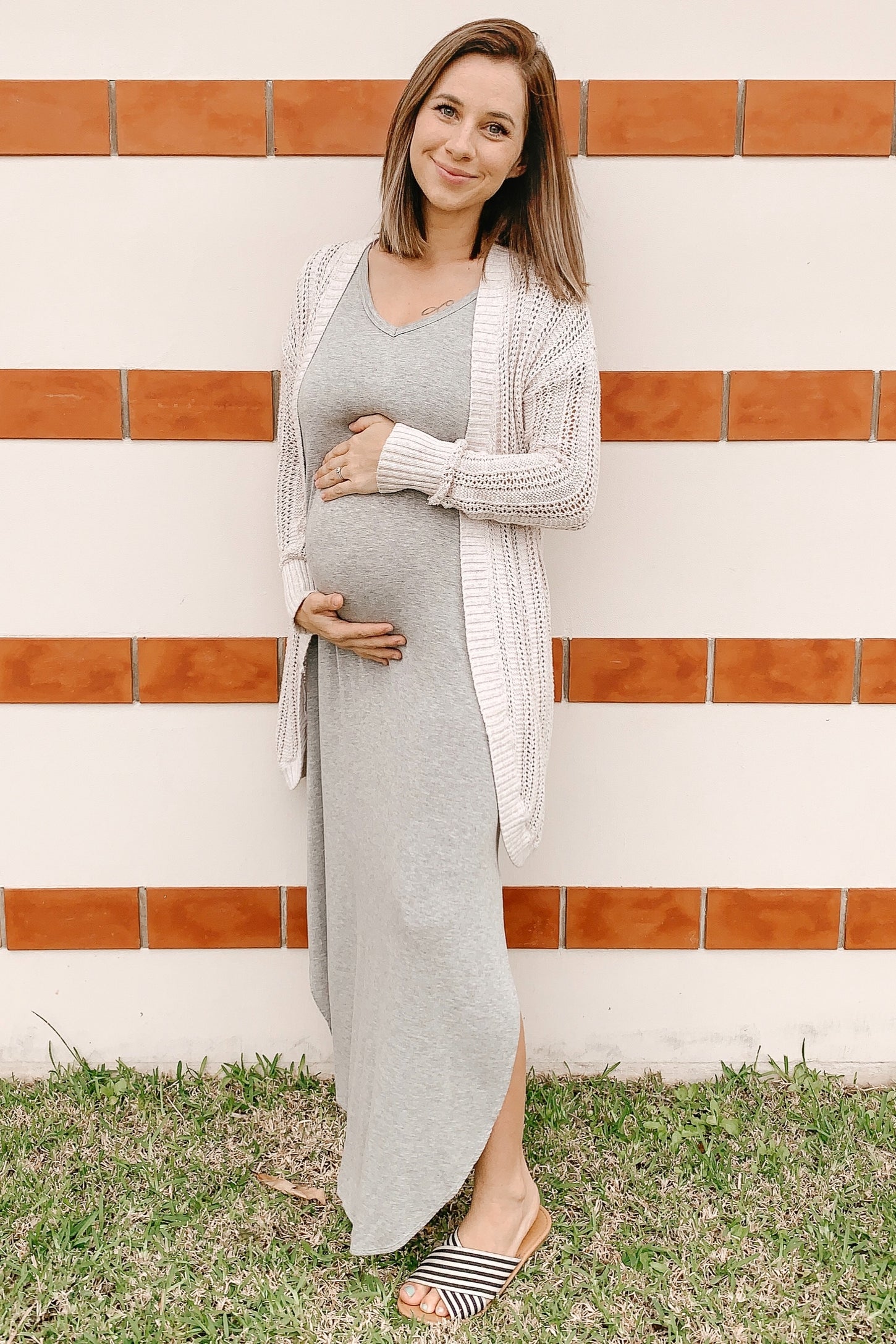short sleeve maternity maxi dress Taupe Satin V-Neck Flutter Short Sleeve Maternity Maxi Dress PinkBlush