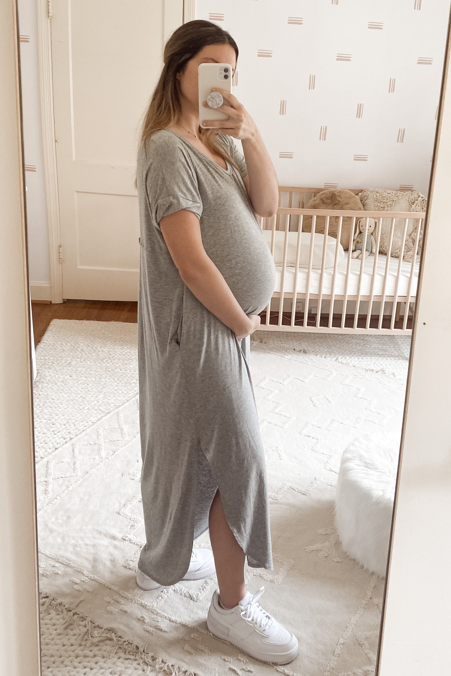 Grey Solid Short Sleeve Maternity Maxi Dress