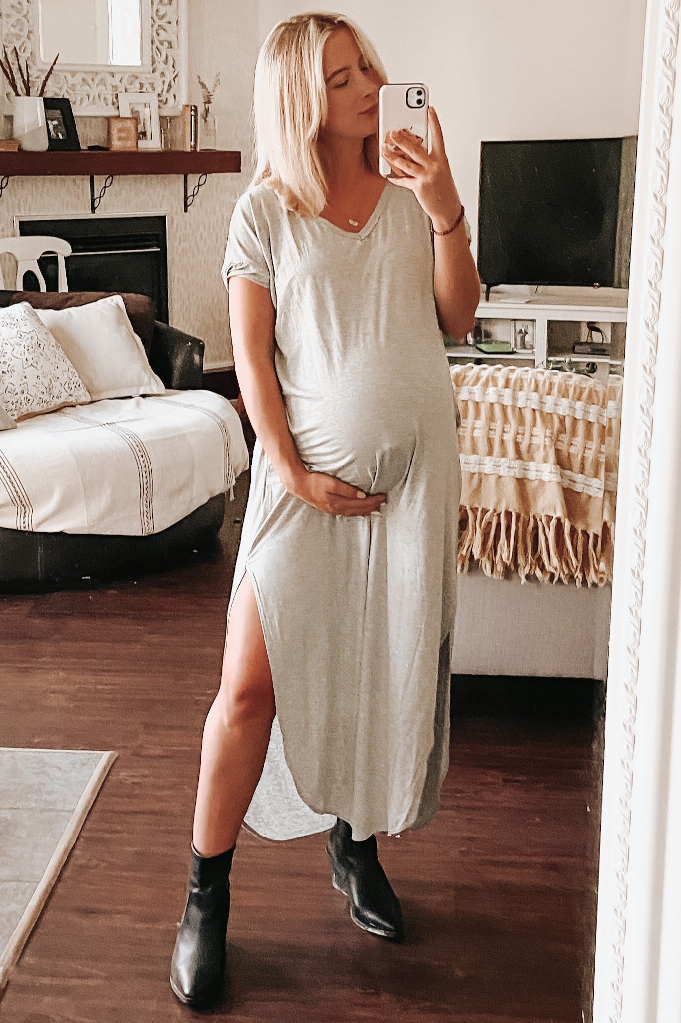 Grey Solid Short Sleeve Maternity Maxi Dress