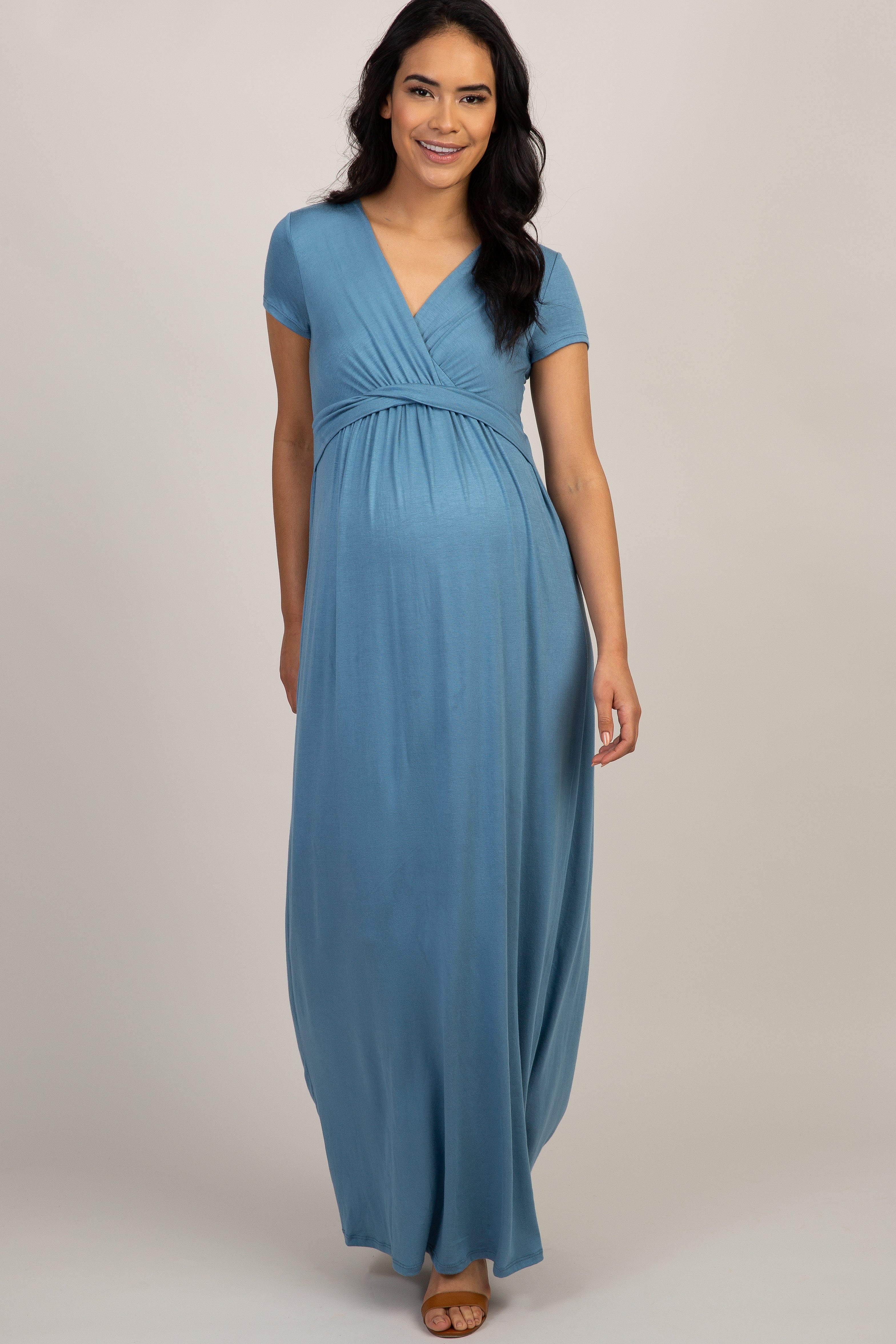 PinkBlush Blue Draped Maternity/Nursing Maxi Dress Large