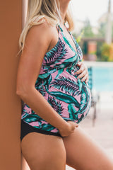 Light Pink Palm Maternity Triangle Halter Tankini Top