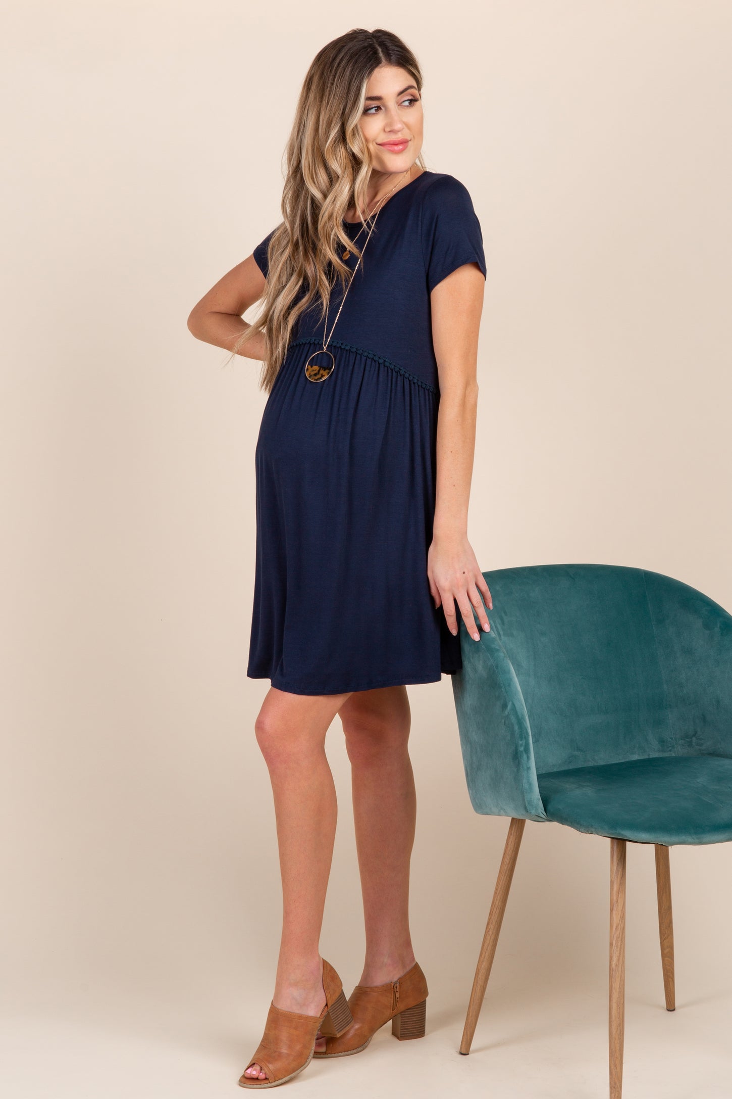 PinkBlush Navy Solid Crochet Trim Maternity Shift Dress
