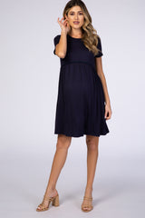 PinkBlush Navy Solid Crochet Trim Maternity Shift Dress