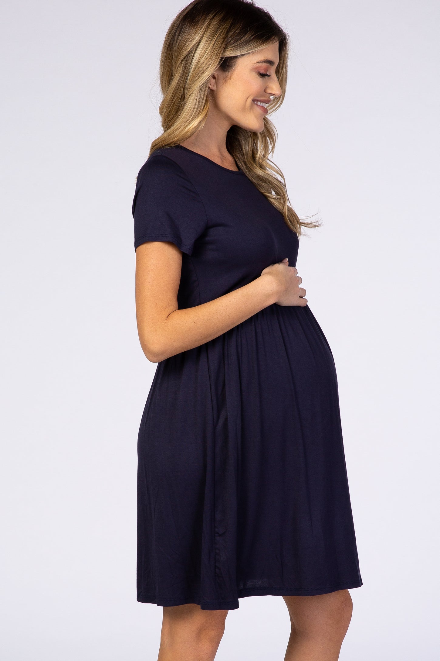 PinkBlush Navy Solid Crochet Trim Maternity Shift Dress