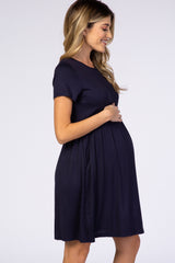 PinkBlush Navy Solid Crochet Trim Maternity Shift Dress