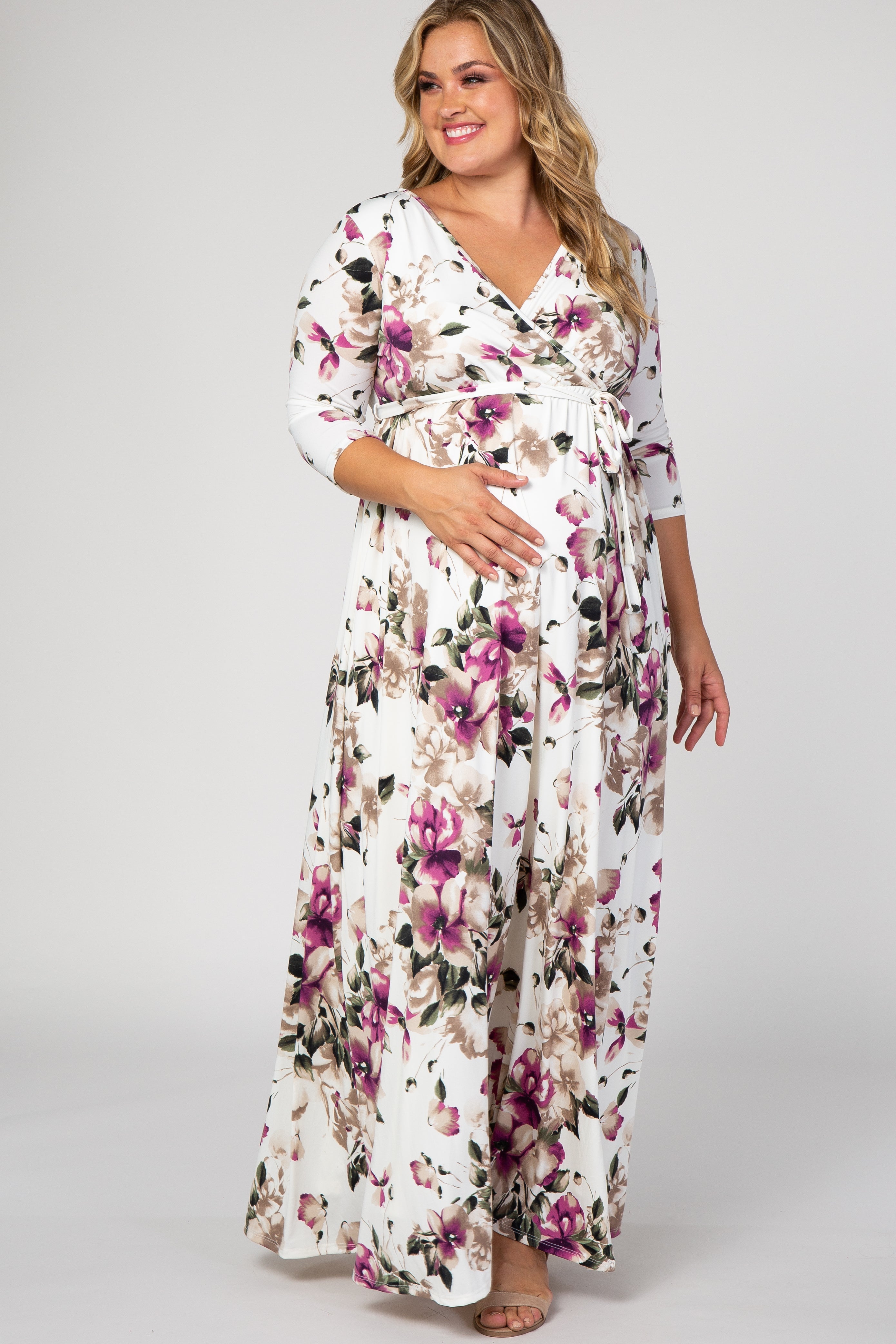 knee length dresses for ladies PinkBlush White Floral Plus Maternity/Nursing Wrap Maxi Dress
