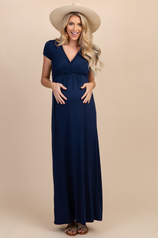 fitted lace wedding dress Pinkblush Petite Navy Draped Maternity/Nursing Maxi Dress