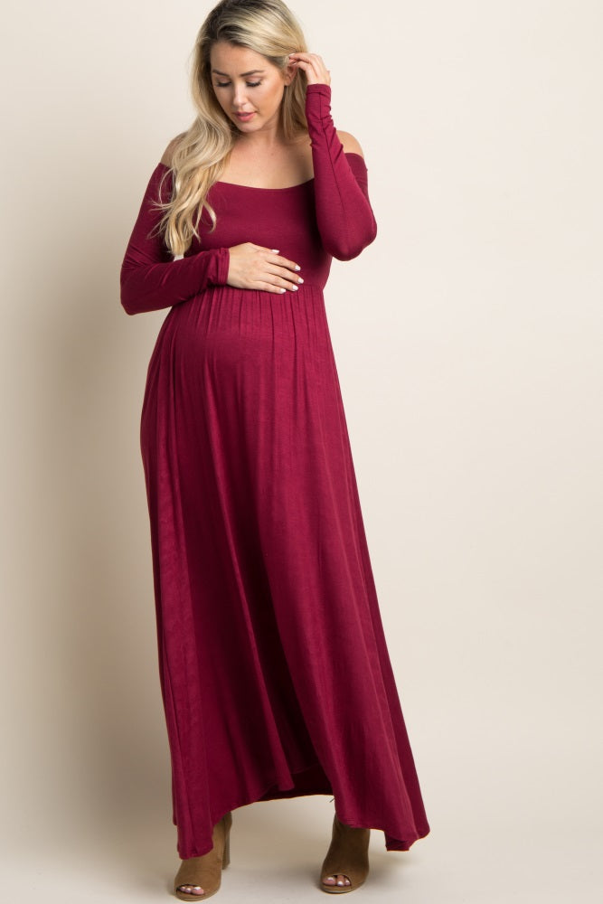 chinese dress ladies Pinkblush Petite Dark Burgundy Solid Off Shoulder Maternity Maxi Dress Large