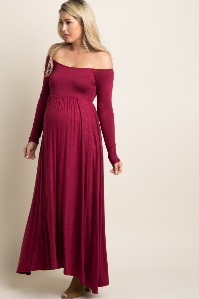 PinkBlush Petite Dark Burgundy Solid Off Shoulder Maternity Maxi Dress PinkBlush Petite Dark Burgundy Solid Off Shoulder Maternity Maxi Dress