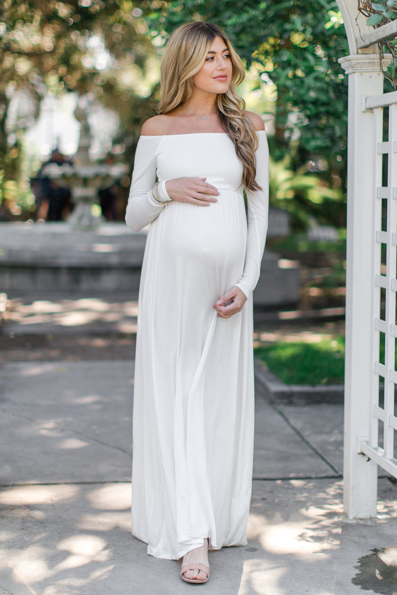 PinkBlush Petite Ivory Off Shoulder Maternity Maxi Dress