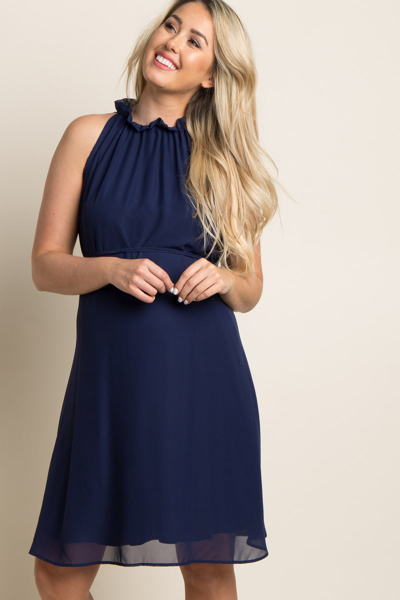 maternity dress blues navy PinkBlush Black Chiffon High Neck 20EOS24 Style:No Shawl Beach Wedding Dress Tea High Waist Seam Flared