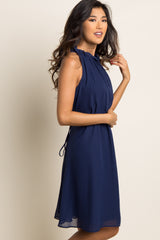 Navy Blue Chiffon High Neck Dress