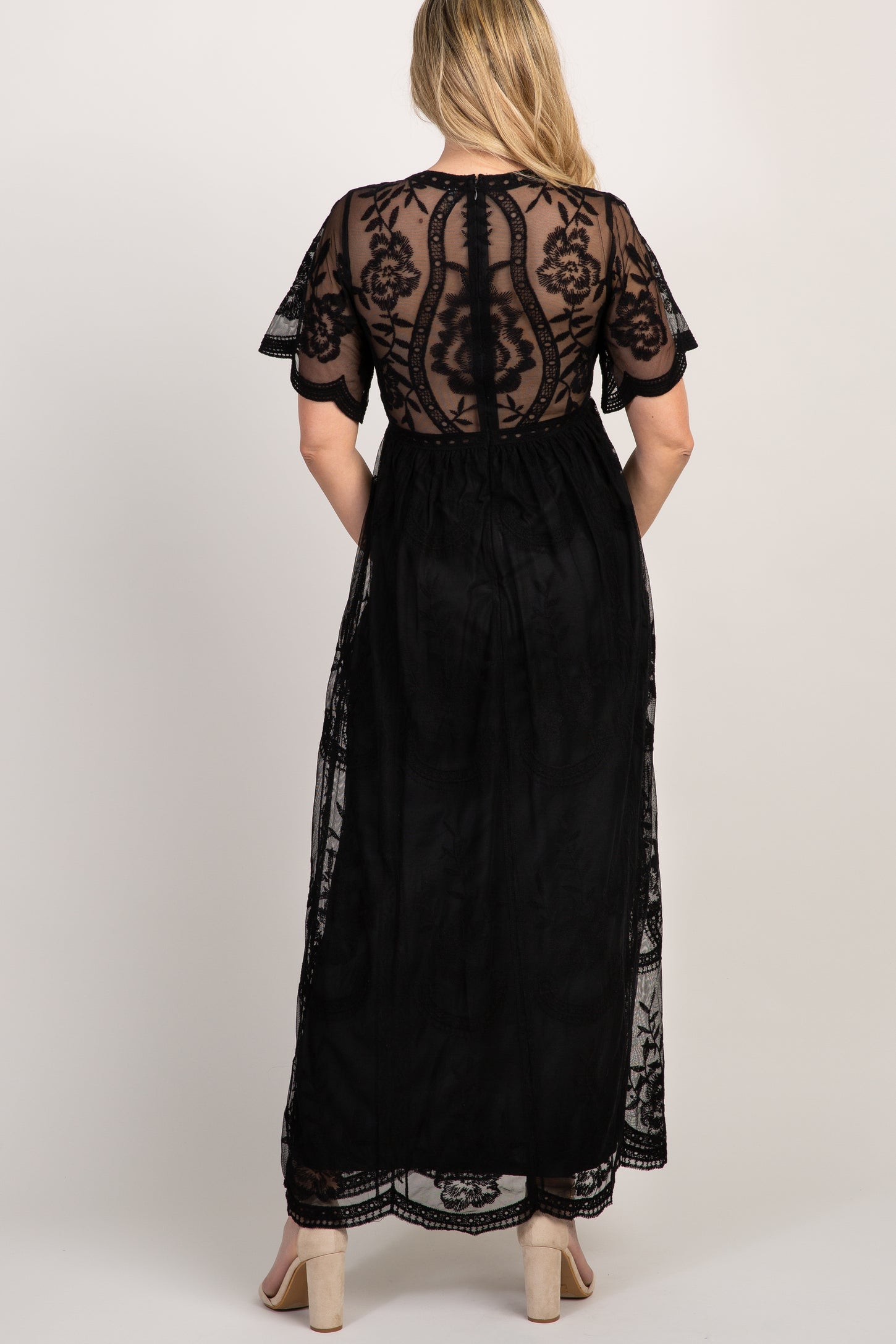 PinkBlush Black Lace Mesh Overlay Maternity Maxi Dress