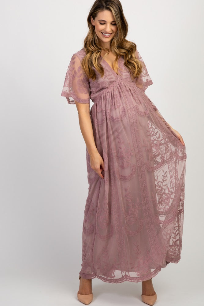 PinkBlush Mauve Lace Mesh Overlay Maternity Maxi Dress PinkBlush Mauve Lace Mesh Overlay Maternity Maxi Dress