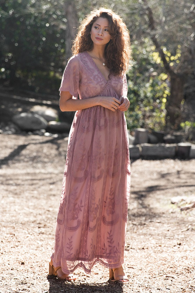 PinkBlush Mauve Lace Mesh Overlay Maxi Dress PinkBlush Mauve Lace Mesh Overlay Maxi Dress