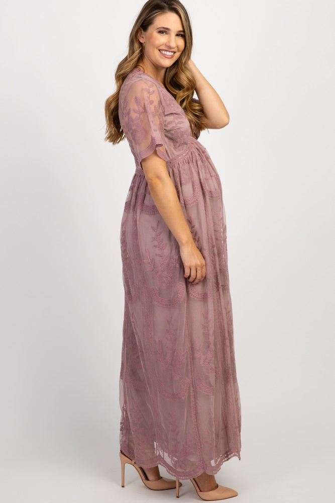 PinkBlush Mauve Lace Mesh Overlay Maternity Maxi Dress PinkBlush Mauve Lace Mesh Overlay Maternity Maxi Dress