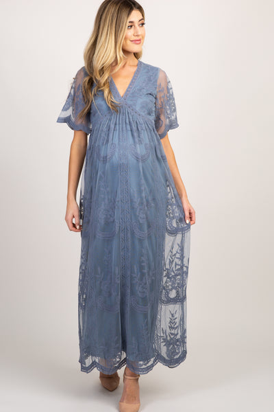 Pinkblush Blue Lace Overlay Maternity Maxi Dress