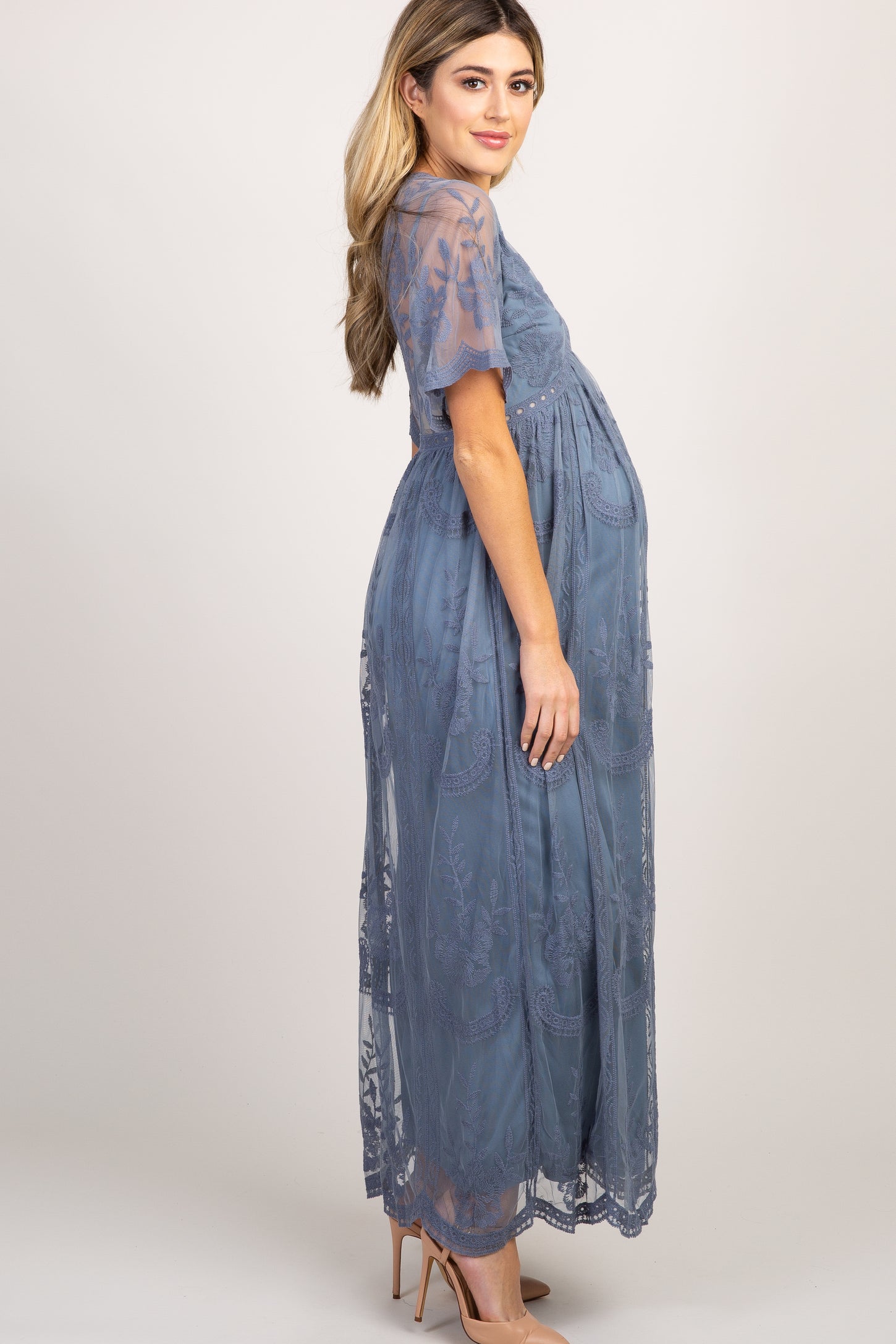 PinkBlush Blue Lace Overlay Maternity Maxi Dress PinkBlush Blue Lace Overlay Maternity Maxi Dress