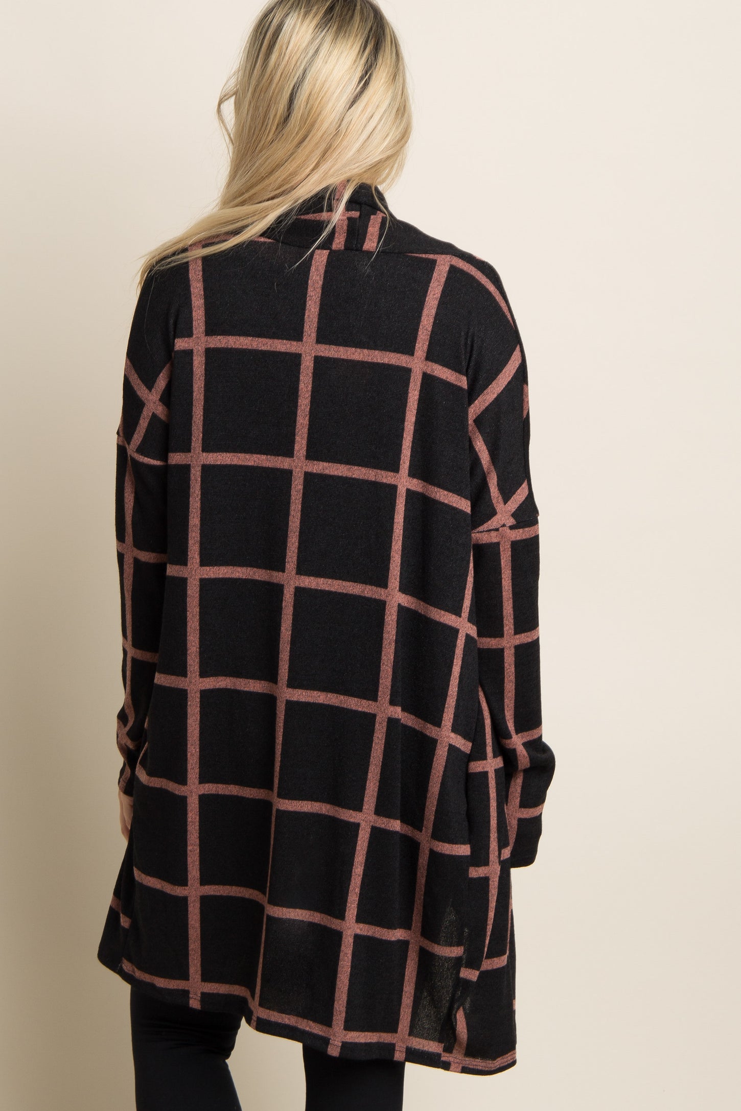 PinkBlush Black Plaid Long Knit Maternity Cardigan